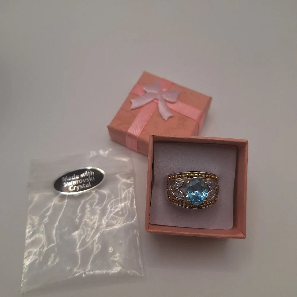 Blue Swarovski Crystal Oval Ring | Two-Tone Silver & Gold | Size 7